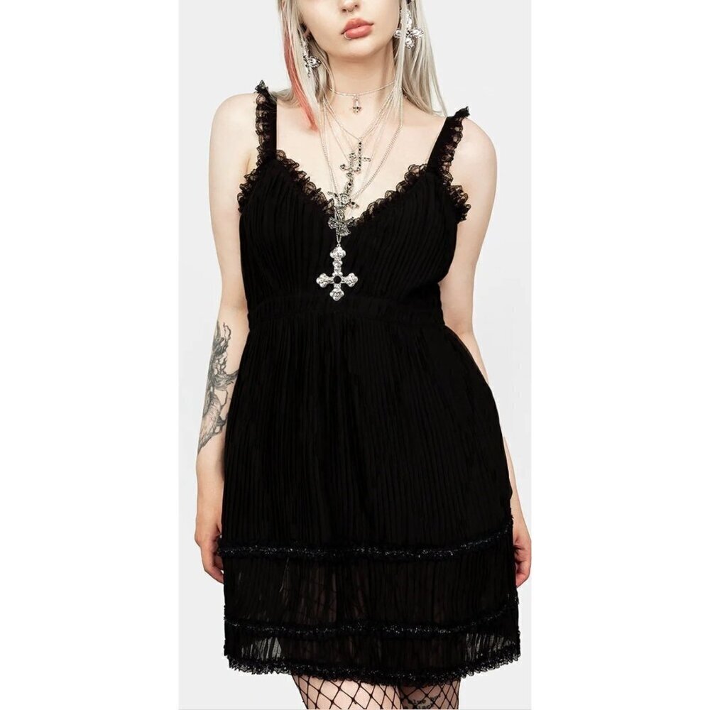 Disturbia 5AM Mini Slip Dress Womens 4 Black Lace Ruffles Pleated